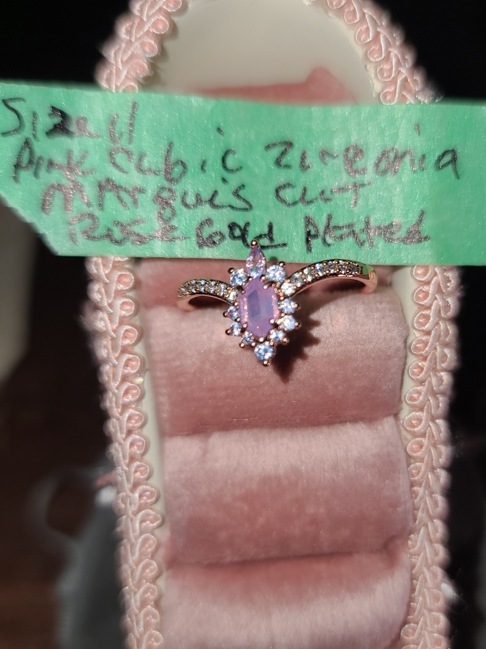 Rose Gold Pink Zirconia Marquise Halo Ring - Pink Center Size 11